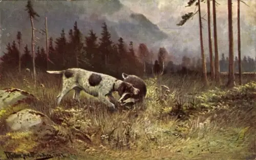 Künstler Ak Müller, Jagdhund mit Beute, Meles, Jagd