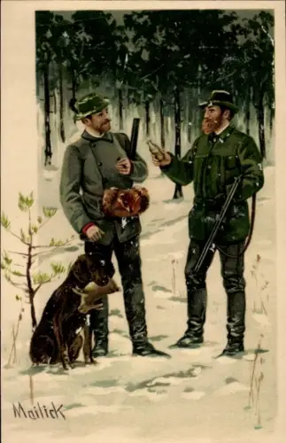 Künstler Ak Mailick, Jäger, Jagdhund, Winterwald