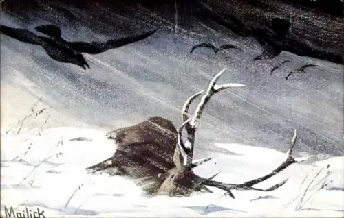 Künstler Ak Mailick, Toter Hirsch im Schnee, Raben