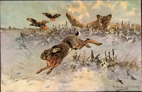 Künstler Ak Müller, M., Fuchs jagt einen Hasen