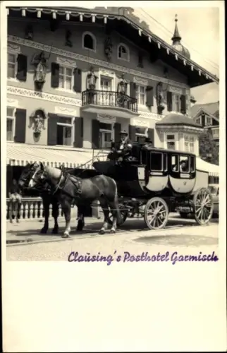 Foto Ak Garmisch Partenkirchen in Oberbayern, Clausing's Posthotel, Postkutsche