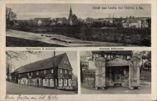 Ak Leuba Ostritz in Sachsen, Gruß aus Leuba, Materialwaren B. Schwarze, Altertuml, Kellbrunnen