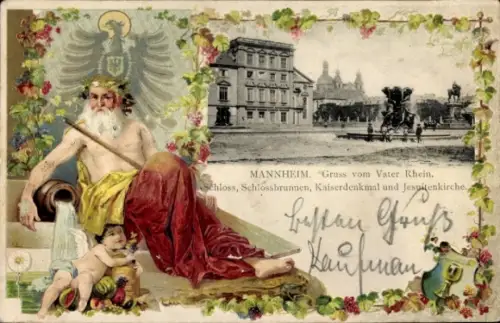 Präge Passepartout Ak Mannheim, Vater Rhein, Wasserturm mit Fontaine