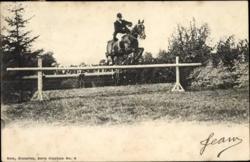 Ak Springreiten, Pferd springt über eine Hürde