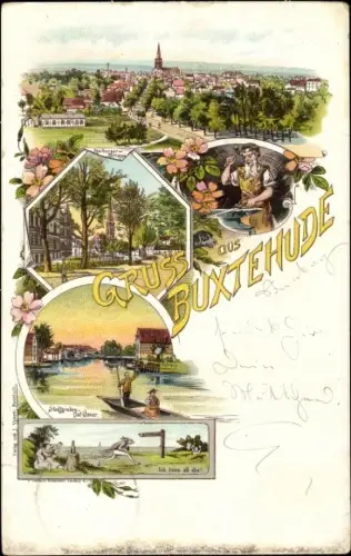 Litho Buxtehude in Niedersachsen, Totale, Harburger Straße, Stadtgraben, Schmied, Hase und Igel