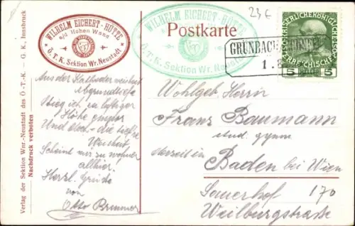 Künstler Ak Oberhöflein Niederösterreich, Eichert Hütte, Hohe Wand