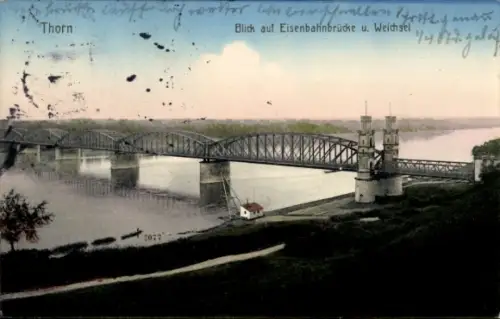 Ak Toruń Thorn Westpreußen, Blick auf Eisenbahnbrücke, Weichsel,  farbige 