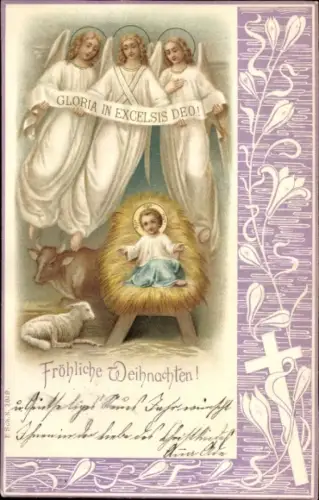 Litho Glückwunsch Weihnachten, Christkind im Stroh, Engel, Gloria in Excelsis Deo