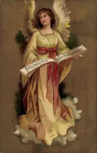 Ak Bochum im Ruhrgebiet, Engel mit Spruchband: Fröhliche Weihnachten!