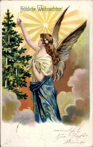 Ak Frohe Weihnachten, Engel zündet Kerzen an, Tannenbaum