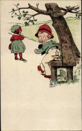 Künstler Ak Kind auf einer Holzbank, zerrissene Hose