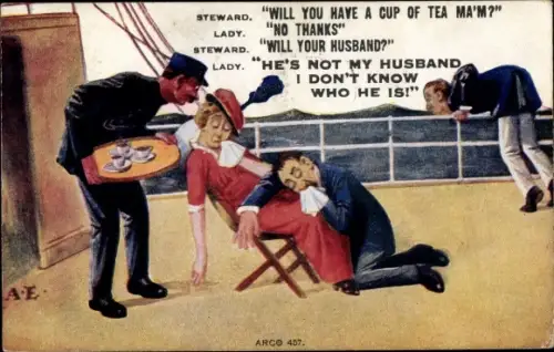 Künstler Ak Touristen am Bord des Schiffes, Seekranker Mann, Kellner