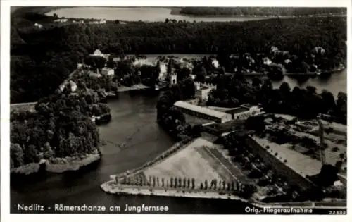 Ak Nedlitz Potsdam, Luftaufnahme von  Römerschanze, Jungfernsee, Flusslandschaft