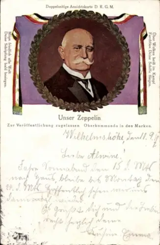 Künstler Ak Ferdinand Graf von Zeppelin, Portrait, Zeppelin über London, I. WK
