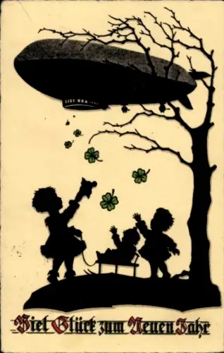 Scherenschnitt Ak Glückwunsch Neujahr, Zeppelin, Glücksklee, Kinder, Schlitten