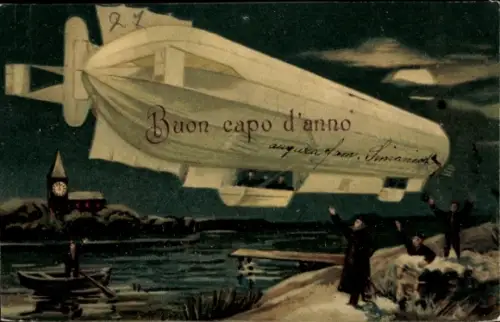 Künstler Ak Zeppelin, Luftschiff, Menschen winken zu