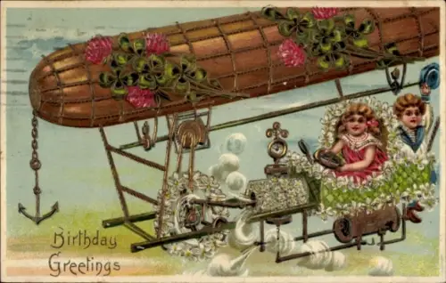 Präge Ak Glückwunsch Geburtstag, Luftschiff, Zeppelin, Kinder, Blumen, Glücksklee