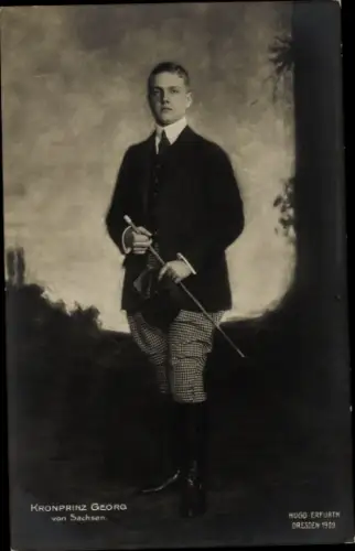 Ak Kronprinz Georg von Sachsen, Reiterstiefel, Reitgerte