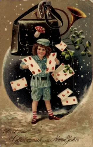 Präge Ak Glückwunsch Neujahr, Kind, Briefe, Brieftasche, Glücksklee