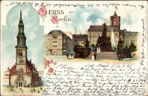 Litho Berlin, Marienkirche, Das Lutherdenkmal, Rathaus