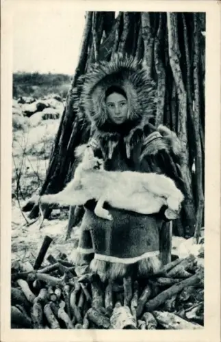 Ak Alaska, Fleur de Neige, Cercle Arctique, Am Polarkreis, Mädchen mit Hasen