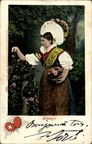 Ak Kanton Schwyz, Frau in Volkstracht beim Pflücken, Wappen