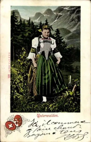 Ak Unterwalden Schweiz, Frau in Tracht, Wappen