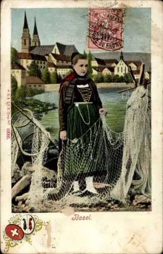 Ak Kanton Basel, Frau in schweizer Tracht, Fangnetze, Wappen