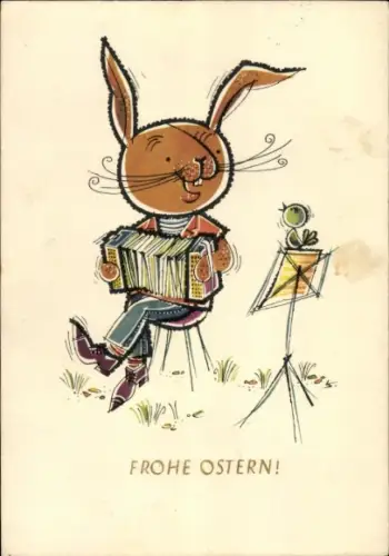 Ak Frohe Ostern, Osterhase mit Akkordeon, Vogel