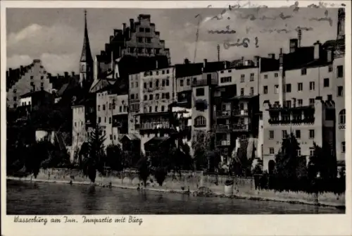 Ak Wasserburg am Inn Oberbayern, Schwarz-Weiß-Bild, Häuserzeile, Kirche, Fluss, Wasserburg am Inn