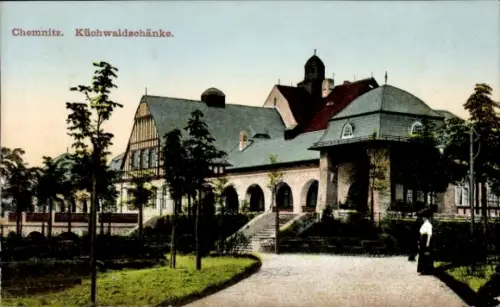 Ak Chemnitz in Sachsen,  Küchwaldschänke, Gebäude, Park, Bäume