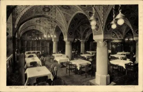 Ak Chemnitz in Sachsen, Ratskeller  Innenansicht, Tische, Stühle, dekorative Decke