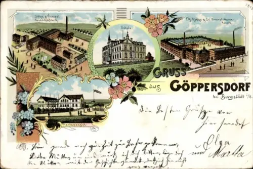 Litho Göppersdorf Burgstädt in Sachsen, Fabriken, Schule, Gut