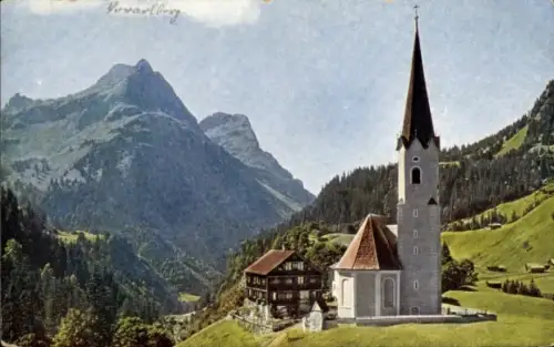 Ak Schröcken Vorarlberg, Berglandschaft, Kirche, Haus, Vorarlberg, Schröcken