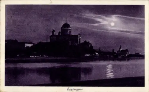 Mondschein Ak Esztergom Gran Ungarn, Fluss, Gebäude