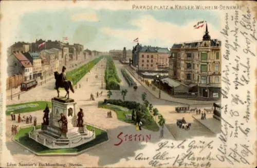 Litho Szczecin Stettin Pommern, Paradeplatz mit Kaiser Wilhelm Denkmal, Reiterstandbild, Straßenbahn