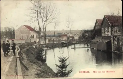 Ak Corbeil Essonne, Flussansicht, Bäume, Häuser, Menschen, Fahrräder, Kanal