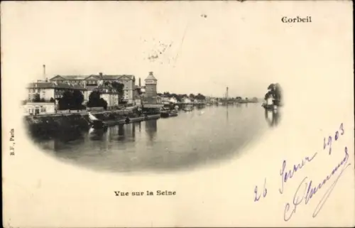 Ak Corbeil Essonne, Flussansicht, Seine,  Schiffe, Gebäude