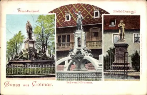 Ak Colmar Kolmar Elsass Haut Rhin, Bruat-Denkmal, Schwendi-Brunnen, Pfeffel-Denkmal