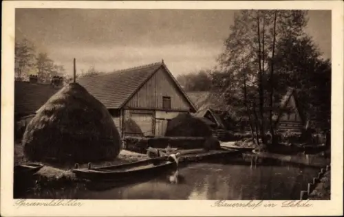 Ak Lehde Lübbenau im Spreewald, Bauernhof, Heuhaufen, Kahn