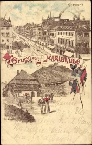 Litho Karlsruhe in Baden Württemberg, Kaiserstraße, Englischer Hof, Lauterberg, Schwarzwaldhaus