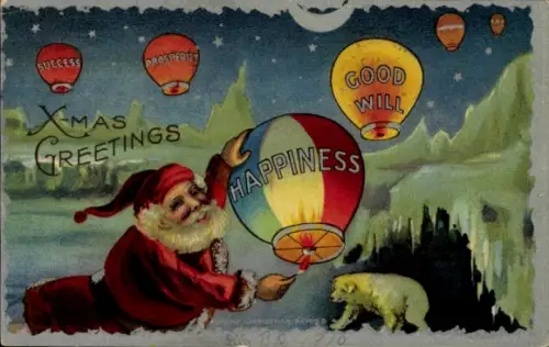 Präge Ak Glückwunsch Weihnachten, Weihnachtsmann, Ballons, Eisbär