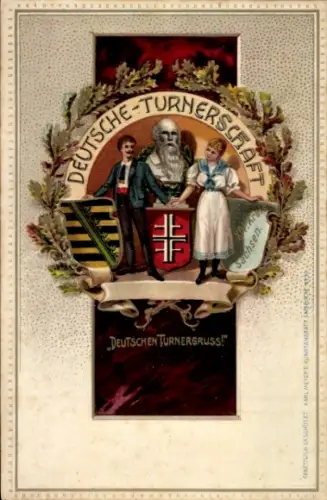 Präge Litho Deutsche Turnerschaft, Deutscher Turnergruß, Kreis Sachsen, Turnvater Jahn