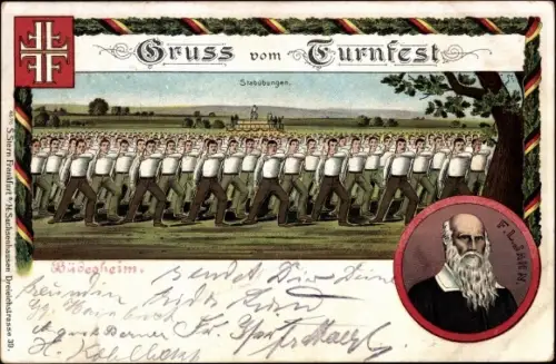 Litho Gruß vom Turnfest, Stabübungen, Turnvater Jahn