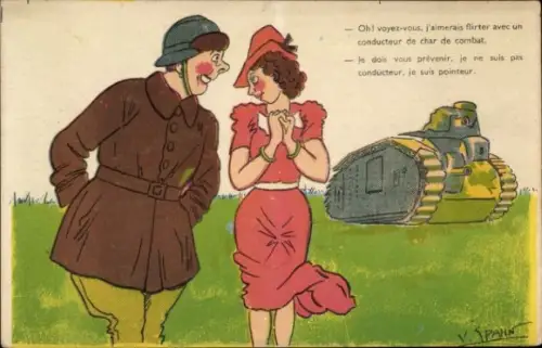Künstler Ak Spahn, Soldat flirtet mit einer Frau, Panzer