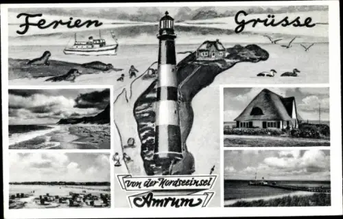 Passepartout Ak Insel Amrum in Nordfriesland, Leuchtturm, Strandpartie, Reetdachhaus
