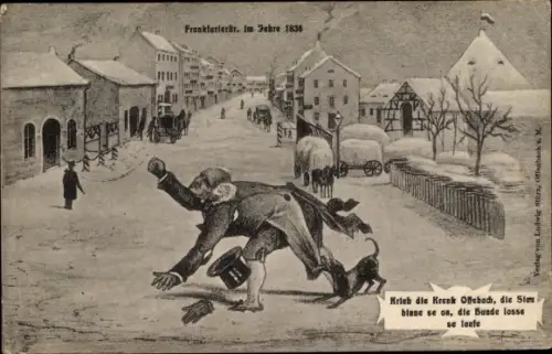 Künstler Ak Offenbach am Main Hessen, Frankfurter Straße um 1836, Krieh die Krenk Offebach