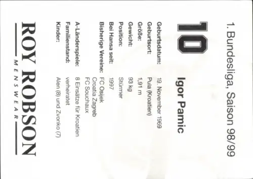 Autogrammkarte Fußballer Igor Pamic, FC Hansa Rostock, Autogramm