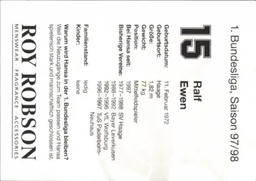 Autogrammkarte Fußballer Ralf Ewen, FC Hansa Rostock, Autogramm