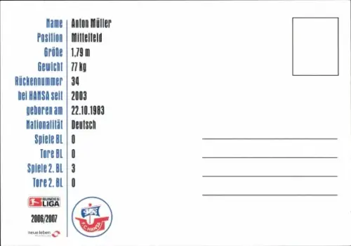 Autogrammkarte Fußballer Anton Müller, FC Hansa Rostock, Autogramm